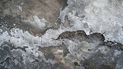 Fototapeta premium Top view of a frost heave crack splitting a factory concrete sidewalk, showing the rugged texture and damage
