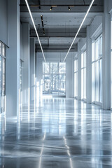 Chic, empty showroom with metallic accents and large windows exuding a futuristic vibe.