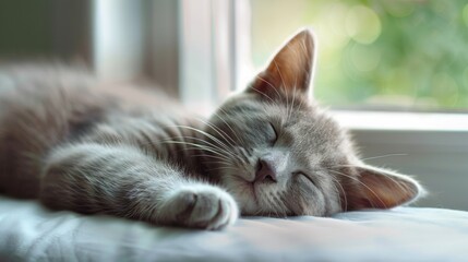 Fototapeta premium a sleeping grey cat cub with closed eyes with window background