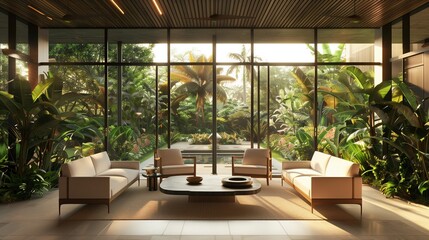 Fototapeta premium A drawing room with a wall of floor-to-ceiling windows overlooking a lush, landscaped courtyard