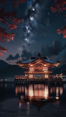 Itsukushima Shrine with night sky galaxy in the background