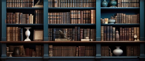 A vintage bookshelf packed with a diverse collection of antique books, showcasing rich textures and colors in an old library setting..