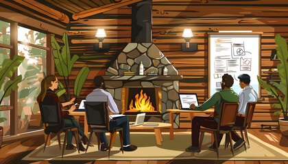 Clipart of a team meeting in a rustic cabin brainstorming with flip charts and laptops by a firepla Generative AI