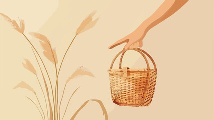 Female hand with rattan bag on light background Vector