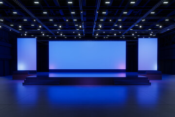 Empty stage Design for mockup and Corporate identity,Display.Platform elements in hall.Blank screen system for Graphic Resources.Scene event led night light staging.3d Background for online.3 render.