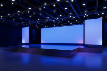 Empty stage Design for mockup and Corporate identity,Display.Platform elements in hall.Blank screen system for Graphic Resources.Scene event led night light staging.3d Background for online.3 render.