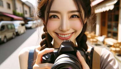 街中で写真を撮る若い日本人女性