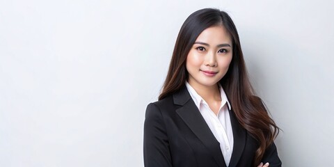 beautiful thai businesswomen emotional facial expressions suit black hair space for text