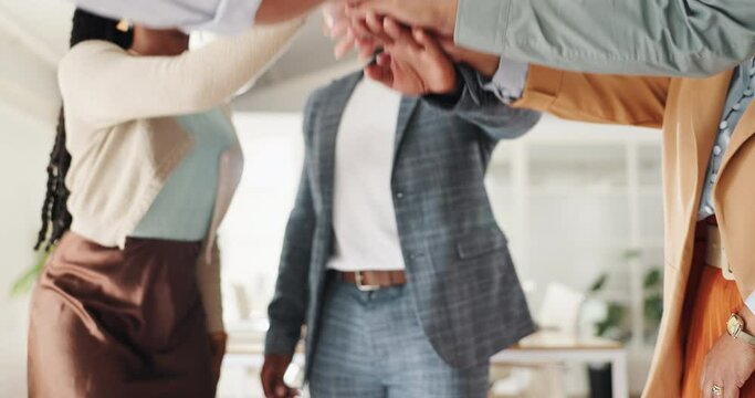 Business people, support and hands together for teamwork, success or collaboration with goals at startup. Creative group, editor and publishing manager stack for project, celebration and clappi