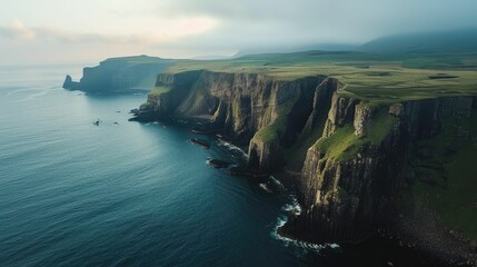 A stunning aerial view of a cliff by the ocean, where the fluid water meets the natural landscape, creating a picturesque and tranquil scene under the open sky AIG50