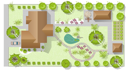 Landscape design plan with house, courtyard, lawn and garage top view. Highly detailed plan of country with modern cottage, garden, pond, pool. Vector illustration of Cityscape, Map of town, village © Volha