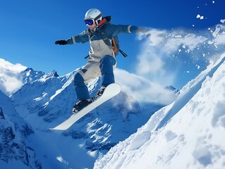 Snowboarder in mid-air performing a jump on a snowy mountain slope with clear blue skies.