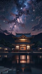 Itsukushima Shrine with night sky galaxy in the background
