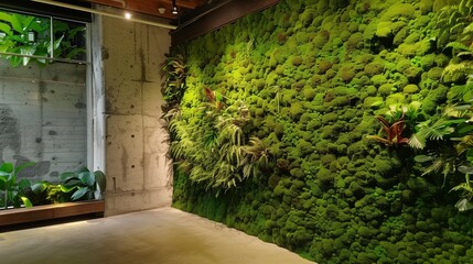 Fototapeta premium A drawing room with a wall of live moss art, creating a natural and calming ambiance