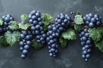 Vibrant Blue Grapes on Vine with Green Leaves Against Dark Textured Background - Perfect for Seasonal Designs, Wine Labels, and Culinary Art