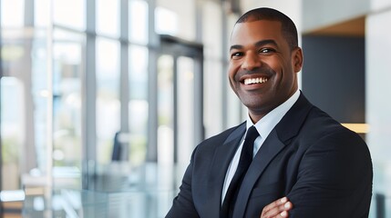 Fototapeta premium Confident African American businessman in a suit smiling with arms crossed in a modern office lobby.