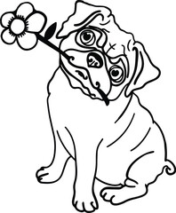 puppy with a flower  bulldog clipart silhouette vector art illustration