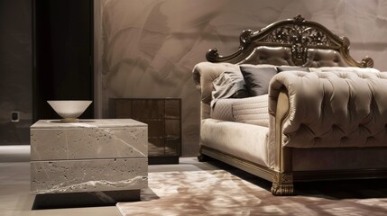 A luxury bedroom with a plush, upholstered bed frame and a minimalist, stone nightstand
