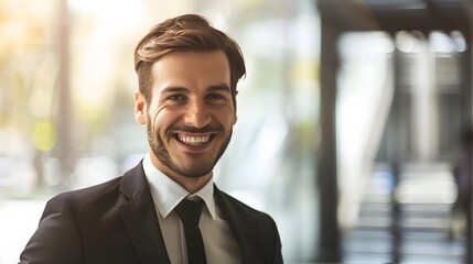 Fototapeta premium Smiling young businessman in a black suit and tie standing in a modern urban environment with sunlight in the background.