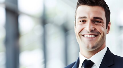 Smiling young businessman in a professional suit, symbolizing confidence and success in a corporate environment.