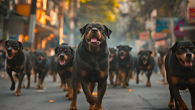 Group of Rottweilers running in city street with Ai generated.
