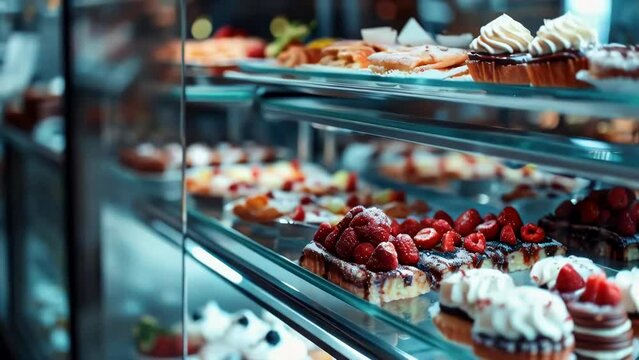 A display case full of desserts, including cakes and pastries. The desserts are arranged in a way that makes them look delicious and tempting. Scene is one of indulgence and enjoyment