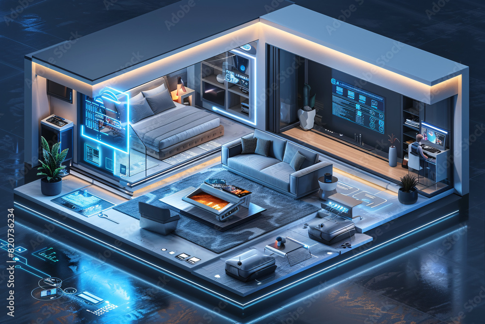 Poster a sleek, futuristic smart home interior is shown in an isometric perspective, with ai-augmented real