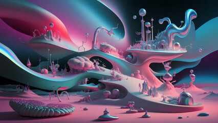 Obraz premium dragon in the sky,The image shows a surreal landscape with vibrant, abstract shapes, resembling a dream-like alien world.