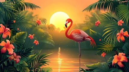 Tropical summer background. Flamingo with flower exotic leaf jungle water sunset landscape. Vibrant colorful bird animal print painting, fantasy modern 3d digital art. Summer party birthday invitation