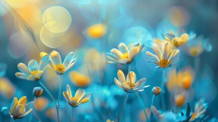 Fototapeta premium flowers in macro life-size art canvas in three dimensions. in beautiful bleu and yellow colors bokeh