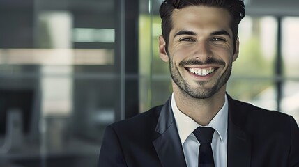 Fototapeta premium Confident young businessman in a suit smiling at the camera in a modern office environment.