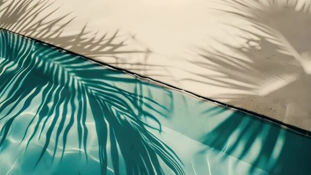 A pool with a palm tree in the foreground and a shadow of the tree on the side of the pool