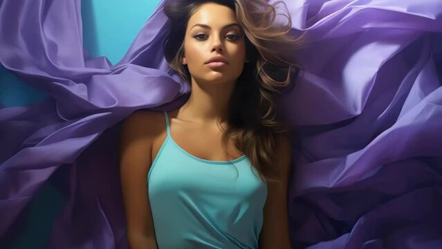A woman is laying on a purple sheet. She is wearing a blue tank top and has long hair