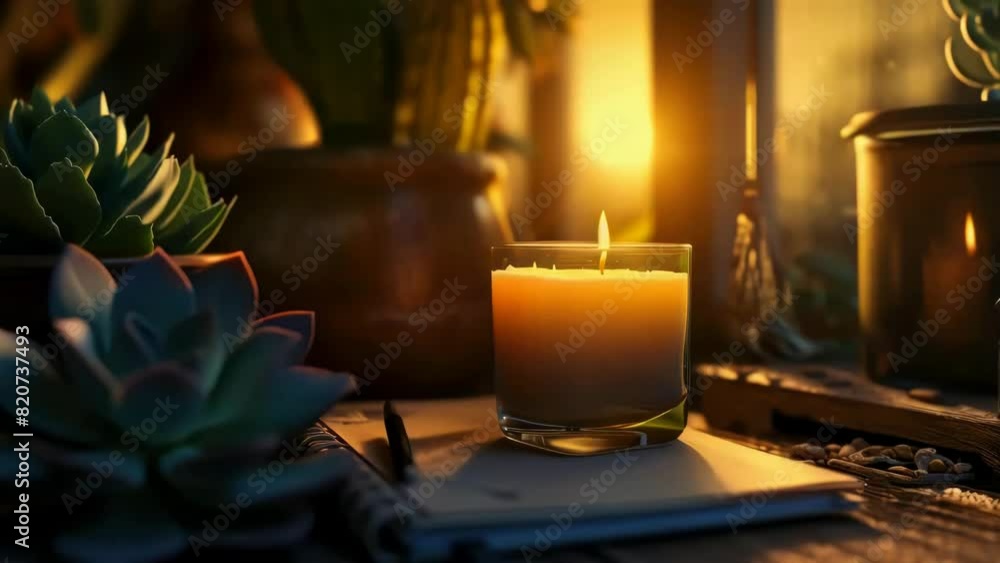 Poster a candle is lit on a table next to a notebook. the scene is cozy and intimate, with the candle provi