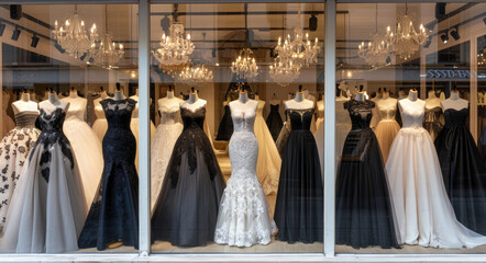 A display of elegant wedding dresses in various colors and styles, including black gowns with lace accents and white dresses with long trains. The setting is an upscale boutique with mannequins showca
