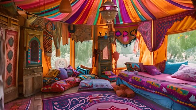Colorful Bohemian Tent Interior with Cushions with Ai generated.
