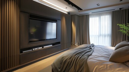 Fototapeta premium A minimalist bedroom with a sleek, wall-mounted TV panel and a custom, built-in sound system