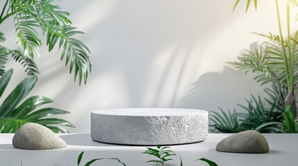 Natural Stone Product Display with Green Plants in a Serene Outdoor Setting
