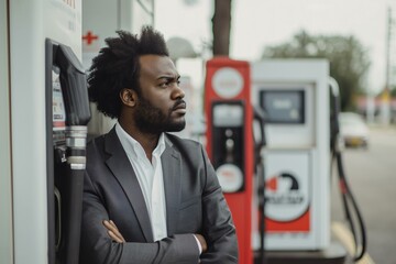 Portrait of Afro-American Man in Suit at Gas Station Looking Pensive