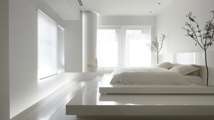 A minimalist bedroom with a sleek, built-in platform bed and a high-gloss, lacquered finish