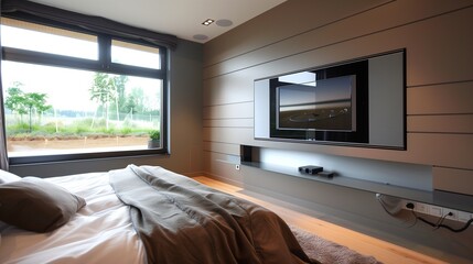 Fototapeta premium A minimalist bedroom with a sleek, wall-mounted TV panel and a custom, built-in sound system