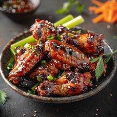 a plate of spicy chicken wings glazed with teriyaki sauce, garnished with chopped chives and celery stick