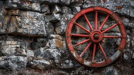 Obraz premium Red vintage wagon wheel attached to a rocky wall, highlighting the aged beauty and rugged setting