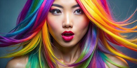 beautiful young thai woman with colorful hair smiling face space for text colored backgrounds