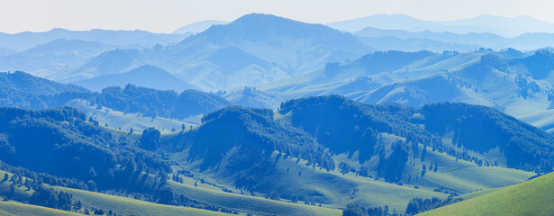 Green meadows and forests. spring, evening light, hilly countryside, banner	