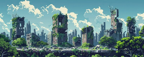 A cybernetic wasteland where the ruins of civilization are slowly being reclaimed by nature, with vines and foliage creeping over crumbling buildings.   illustration.