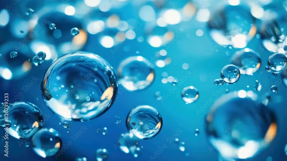 Poster blue background with many small, clear, round droplets of water scattered throughout. the droplets a