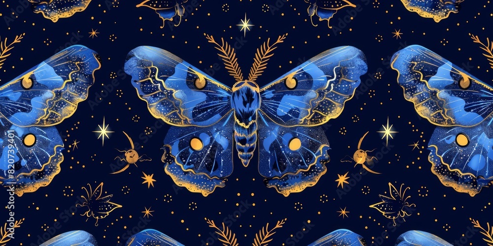 Wall mural magic blue seamless pattern with moths. boho magic background with space elements stars. doodle text