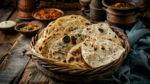 A basket of tortillas sits on a wooden table with other food items. The basket is filled with a variety of tortillas, including some that are burnt. Concept of abundance and variety