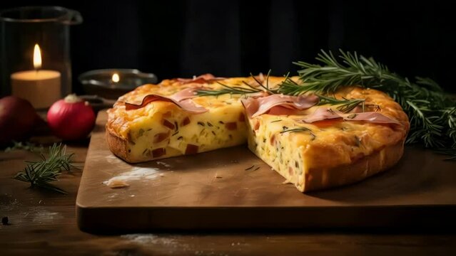A slice of ham and cheese pie is on a wooden cutting board. The pie is cut in half and has a candle on the table. The pie is surrounded by herbs and a few onions